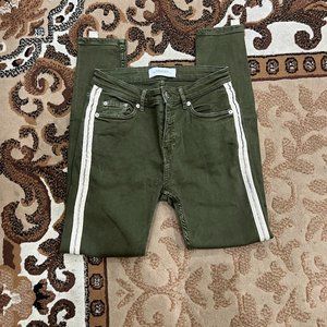 ZARA Khaki JEANS PREMIUM DIAMOND SIDE STRIPES Mid Waist Size 2